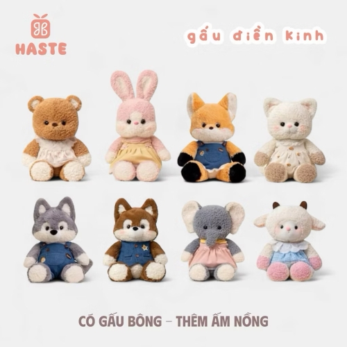 Gấu Thú Bông Lông Xù Mịn Gấu Mèo Cáo Chó Sói Cún Puppy Fashion Bận Váy Yếm Jean Quà Tặng Lông Xù Siêu Mềm Mịn Dễ Thươn