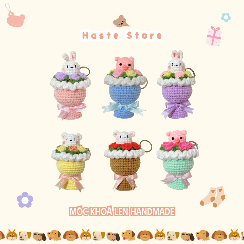 Móc Khoá Len Bó Hoa Thú Gấu Heo Thỏ Mini Handmade