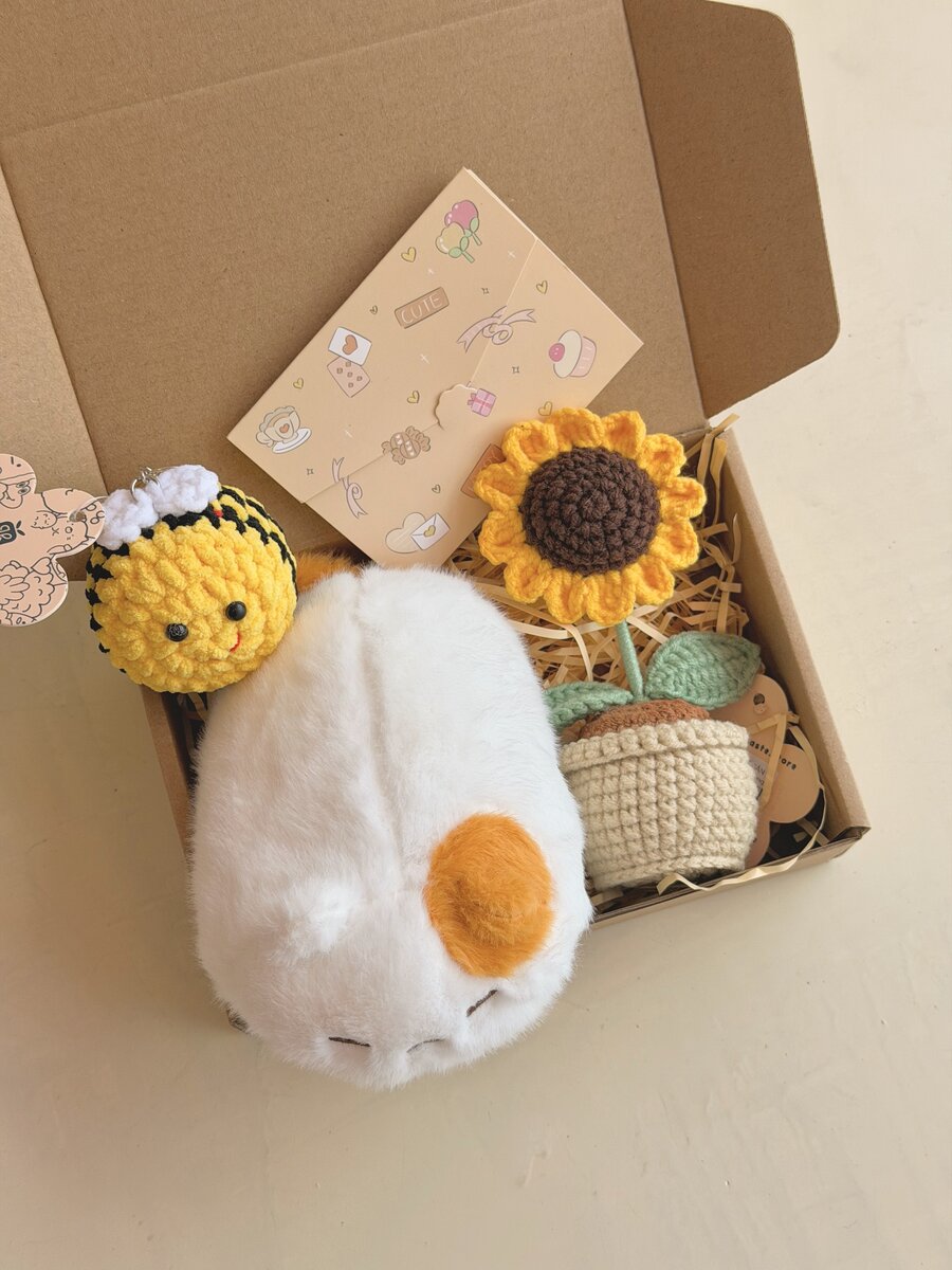 Hộp quà handmade có ong len, chậu hướng dương và gối bông hình trứng ốp la