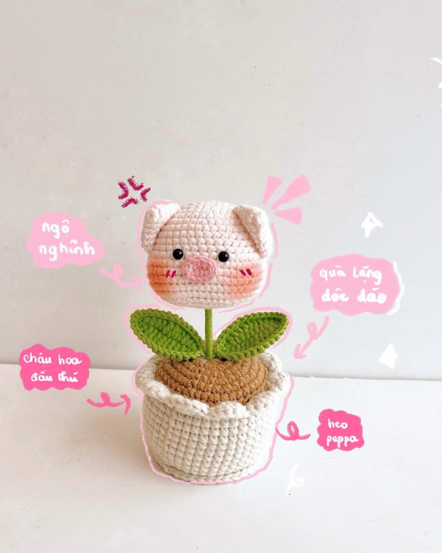 chậu hoa gắn đầu thú ngộ nghĩnh, chất liệu len được làm thủ công tinh xảo