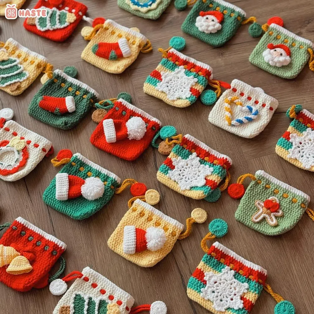 Nhiều túi rút len mini Giáng sinh handmade xếp trên bàn gỗ với họa tiết ông già Noel, tất và bông tuyết