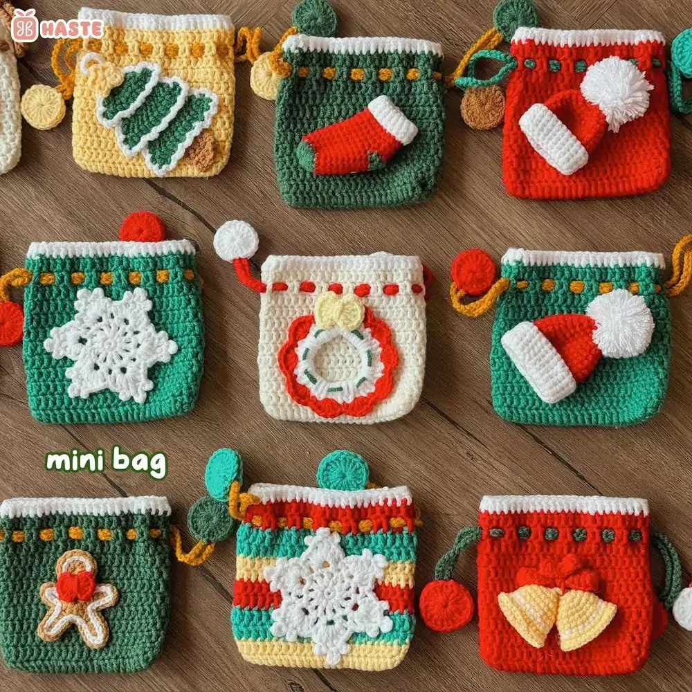 Túi rút len mini bag Giáng sinh với cây thông, tất, mũ ông già Noel, bông tuyết và vòng nguyệt quế