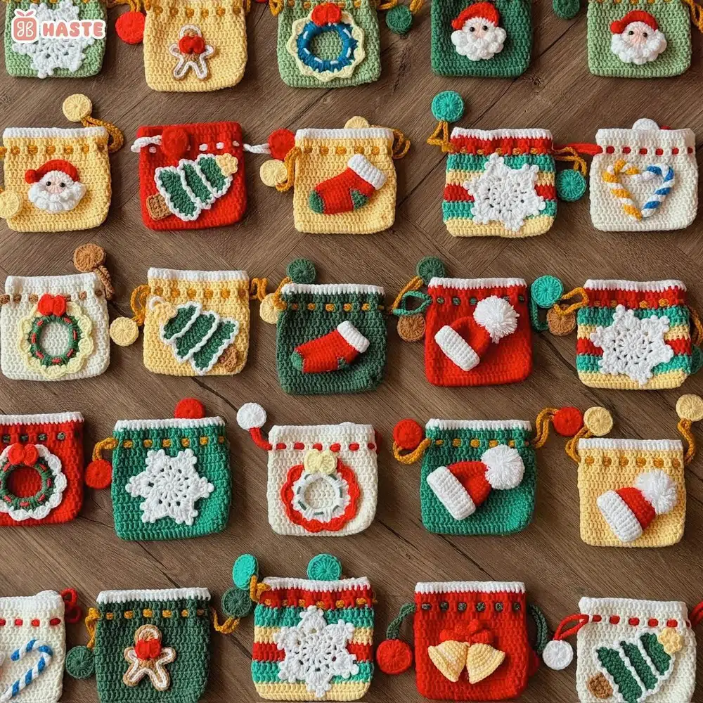 Bộ túi rút len Giáng sinh xếp hàng với ông già Noel, cây thông, tất, vòng nguyệt quế và bông tuyết