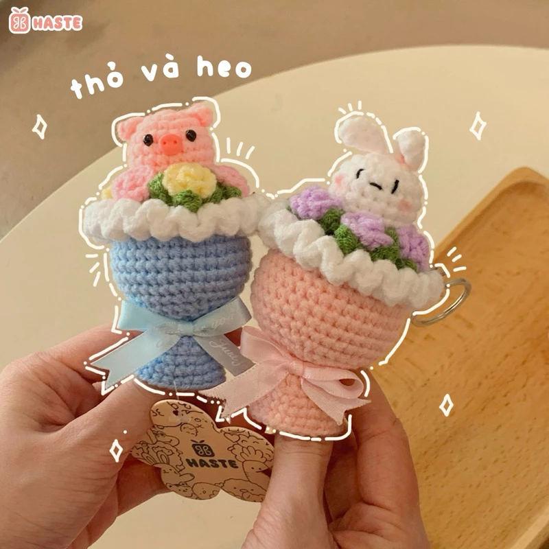 Móc Khoá Len Bó Hoa Thú Gấu Heo Thỏ Mini Handmade tại haste